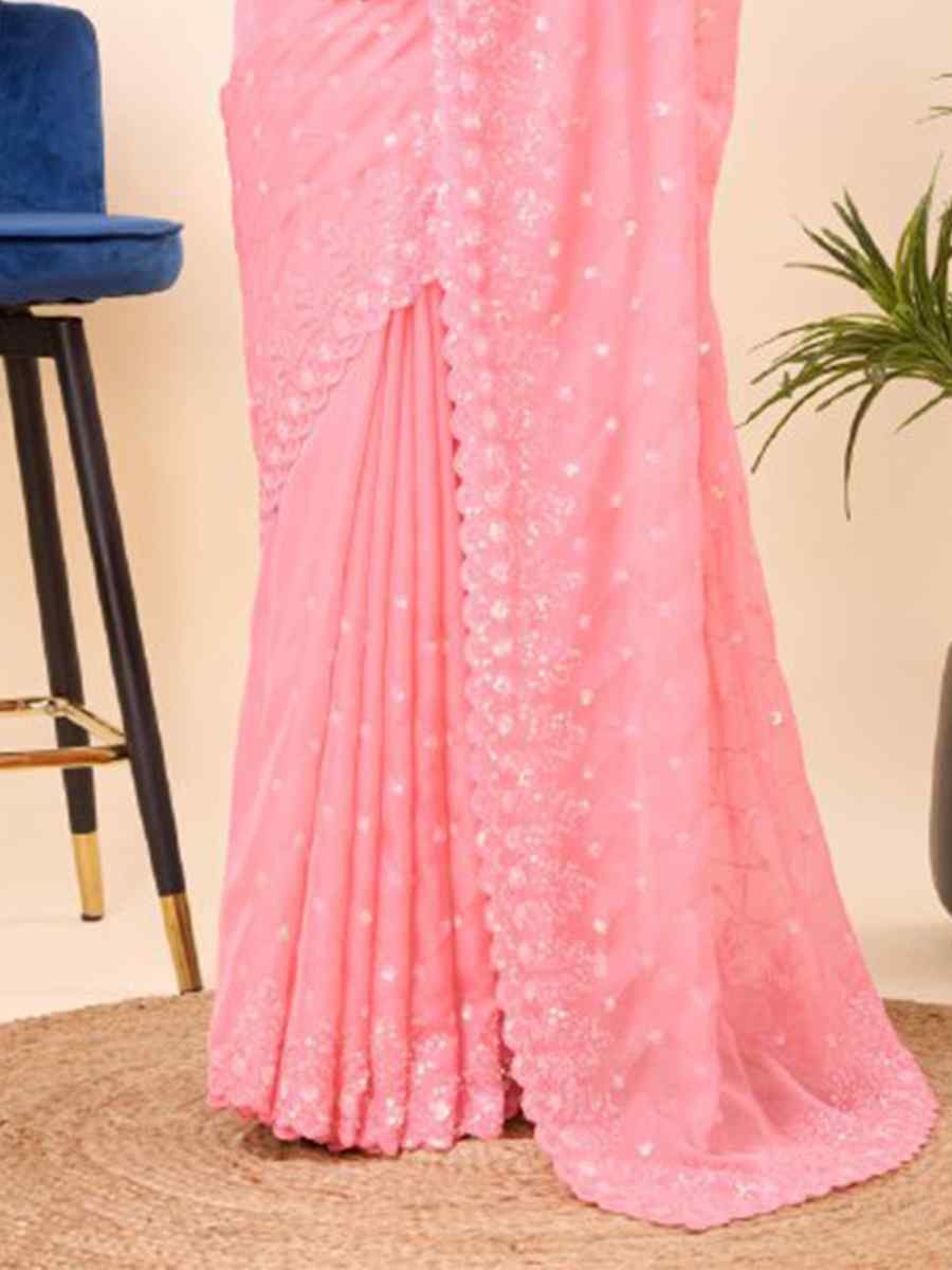 Baby Pink Teby Silk Organza Embroidered Party Casual Heavy Border Saree