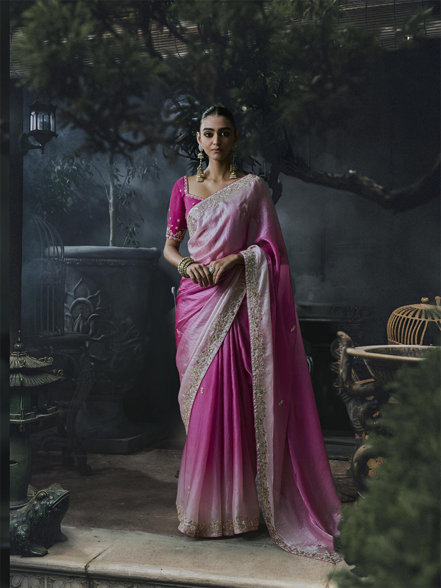 Baby Pink Tissue Silk Embroidery Stone Work Sequins Wedding Reception Party Festival Casual Heavy Border Sarees