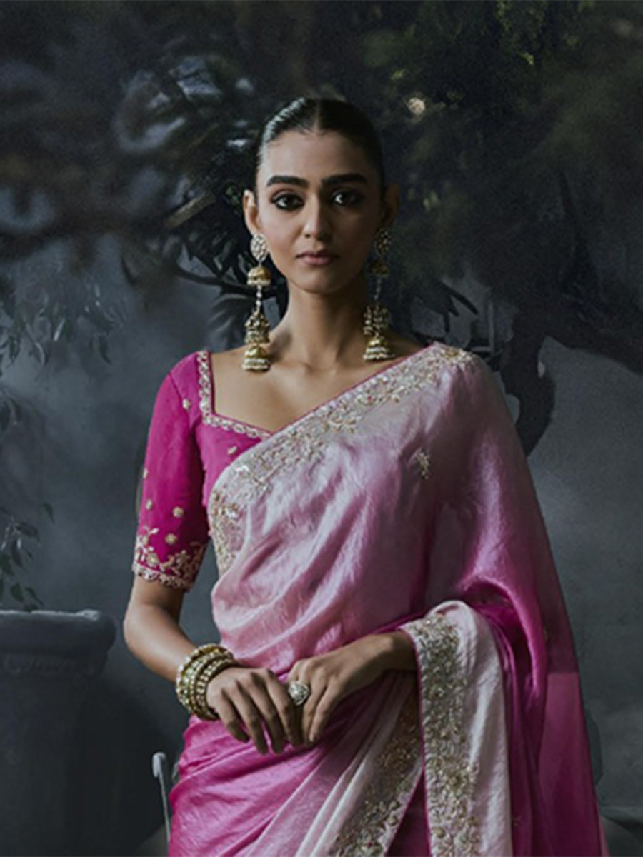 Baby Pink Tissue Silk Embroidery Stone Work Sequins Wedding Reception Party Festival Casual Heavy Border Sarees
