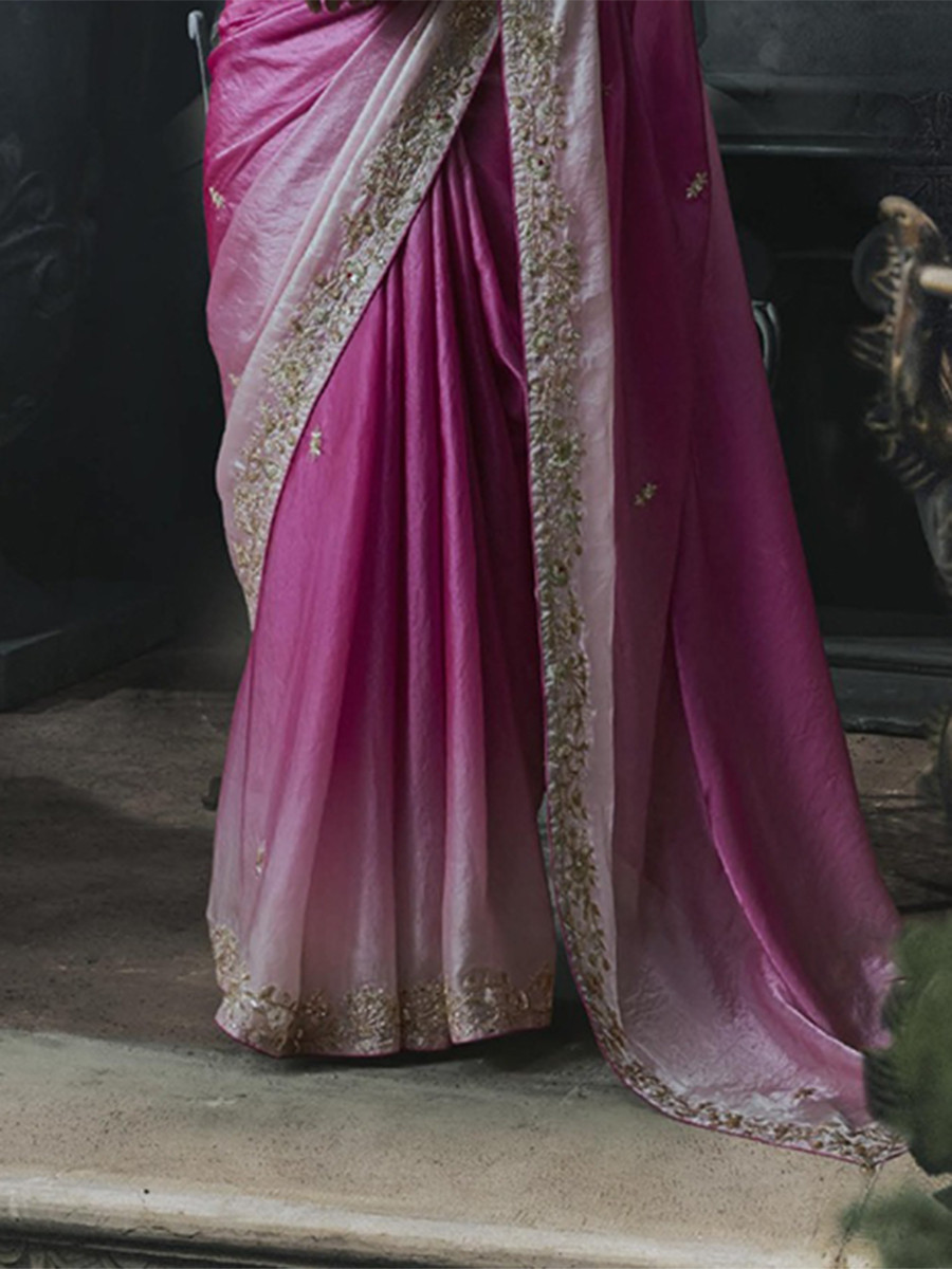 Baby Pink Tissue Silk Embroidery Stone Work Sequins Wedding Reception Party Festival Casual Heavy Border Sarees