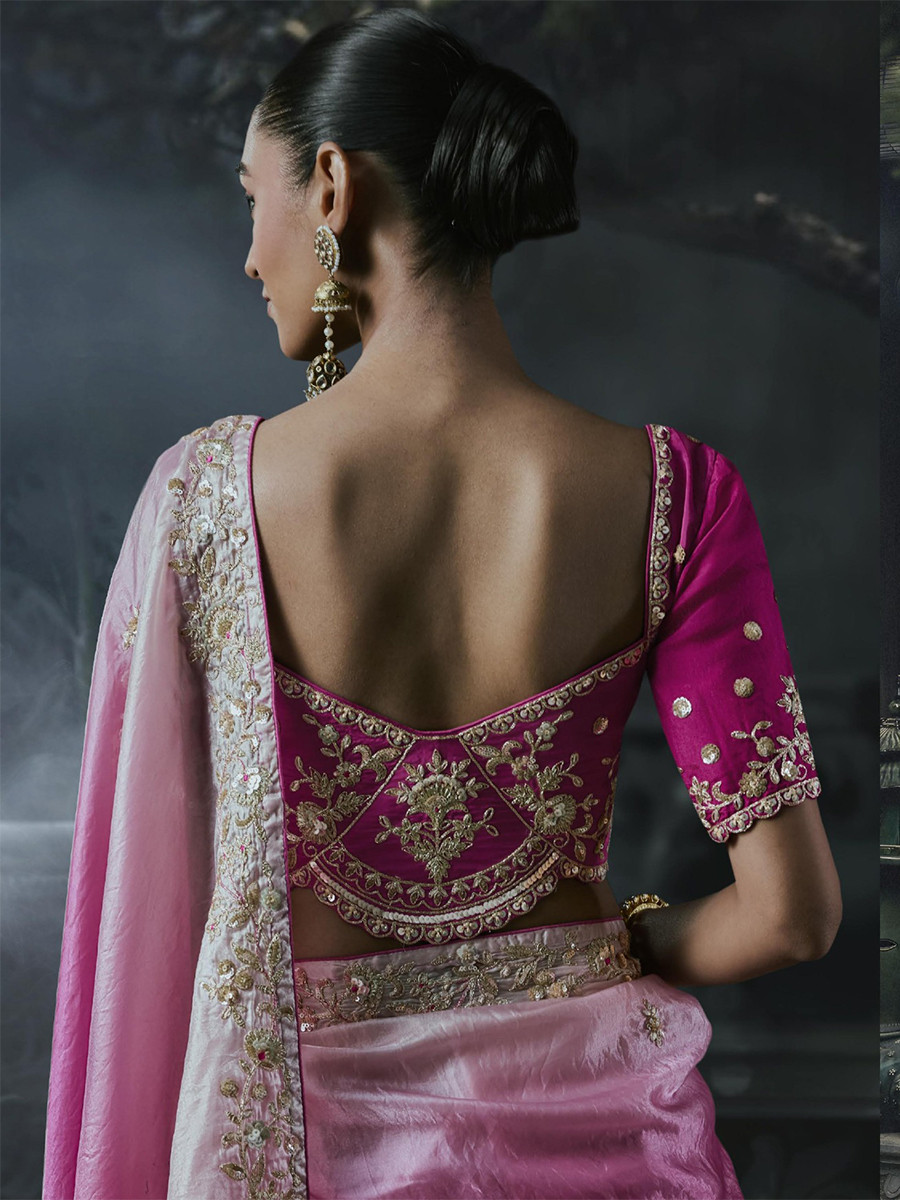 Baby Pink Tissue Silk Embroidery Stone Work Sequins Wedding Reception Party Festival Casual Heavy Border Sarees