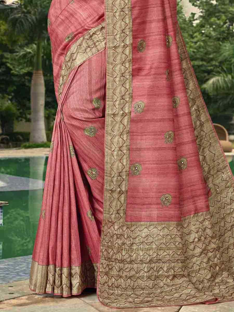 Baby Pink Tussar Silk Handwoven Casual Festival Classic Style Saree