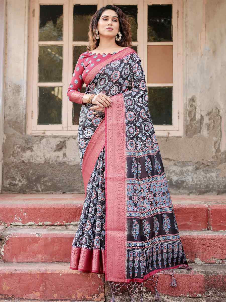 Baby Pink Tussar Silk Zari Handwoven Printed Casual Reception Festival Wedding Fancy Heavy Border Saree