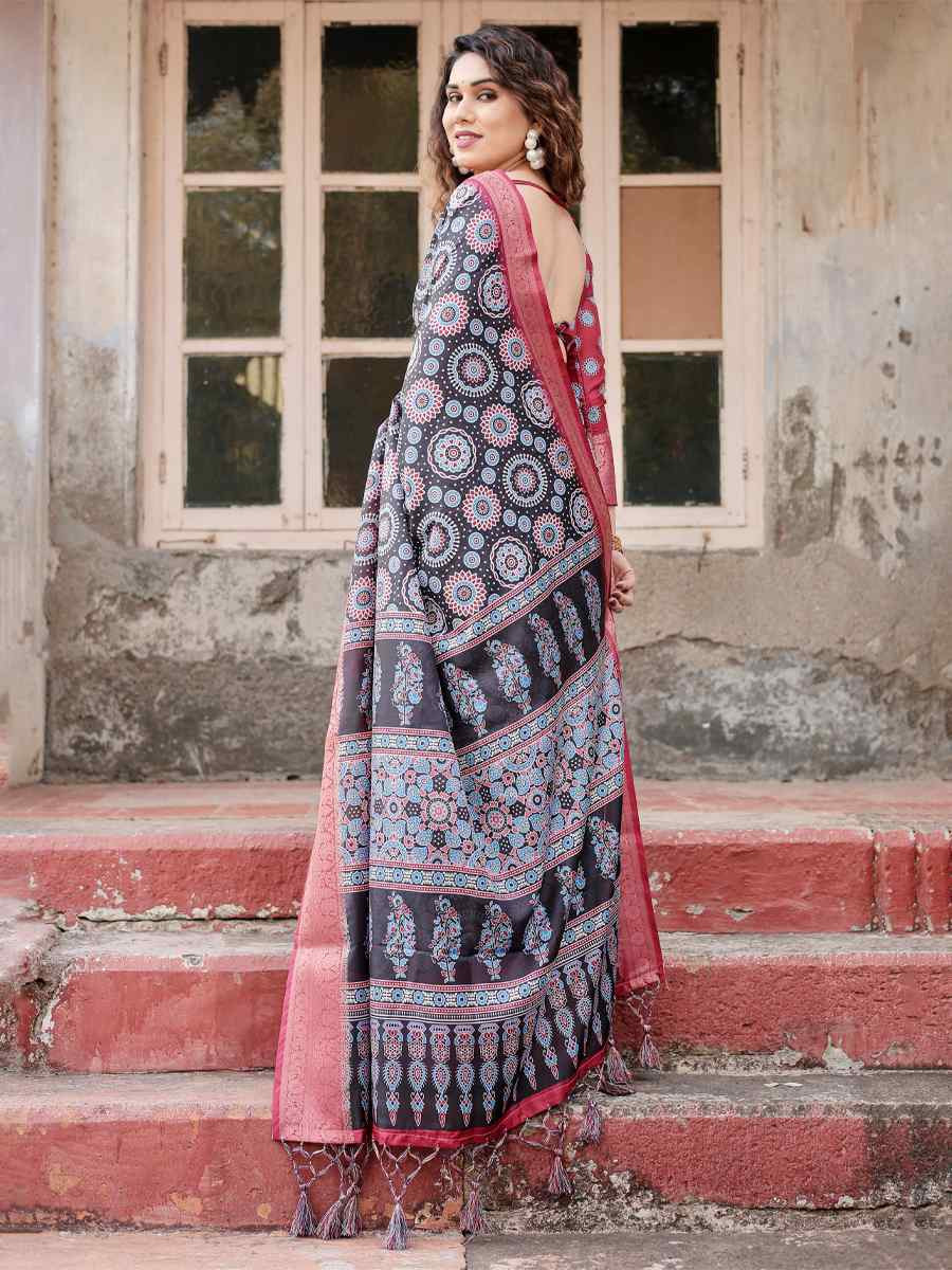 Baby Pink Tussar Silk Zari Handwoven Printed Casual Reception Festival Wedding Fancy Heavy Border Saree
