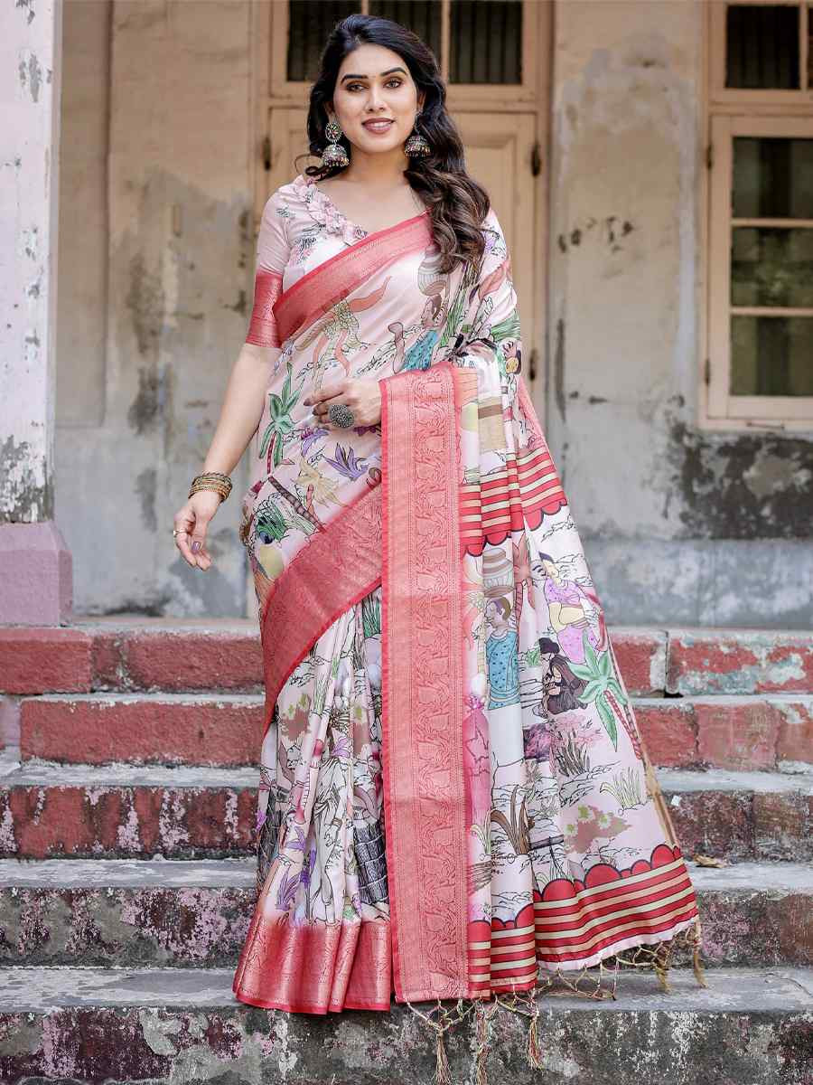 Baby Pink Tussar Silk Zari Handwoven Printed Casual Reception Festival Wedding Fancy Heavy Border Saree