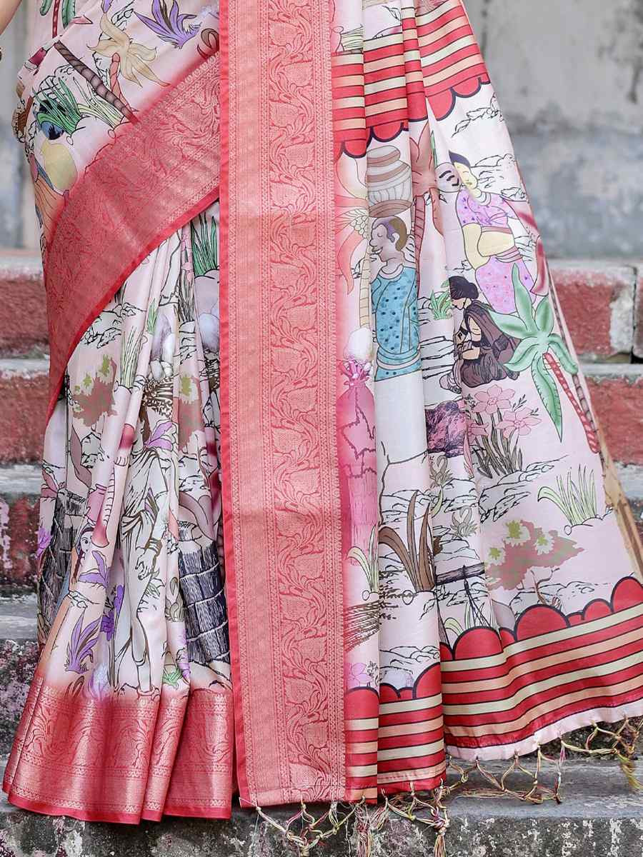 Baby Pink Tussar Silk Zari Handwoven Printed Casual Reception Festival Wedding Fancy Heavy Border Saree