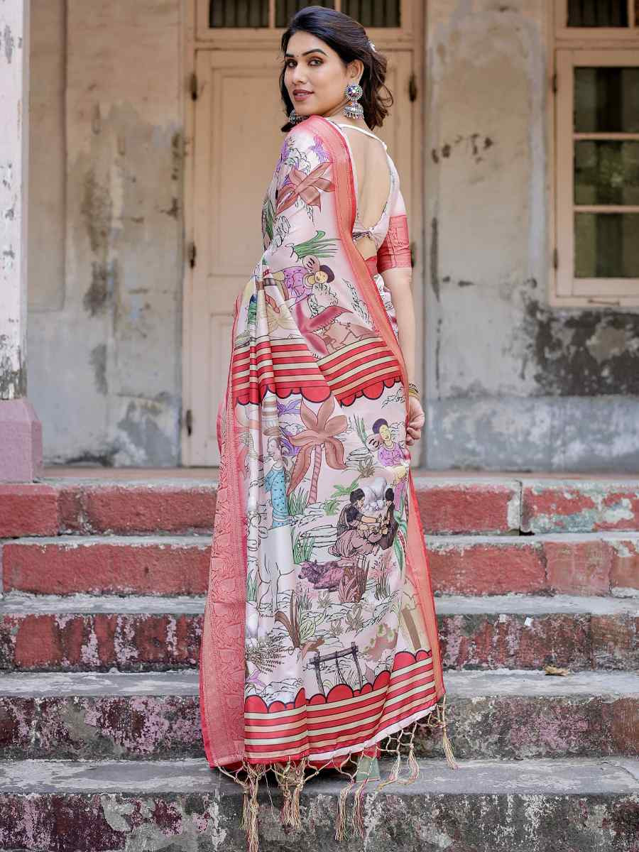 Baby Pink Tussar Silk Zari Handwoven Printed Casual Reception Festival Wedding Fancy Heavy Border Saree