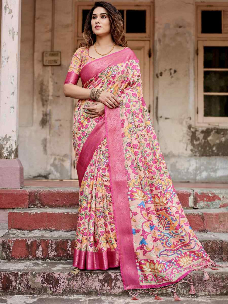 Image of Baby Pink Tussar Silk Zari Handwoven Printed Casual Reception Festival Wedding Fancy Heavy Border Saree