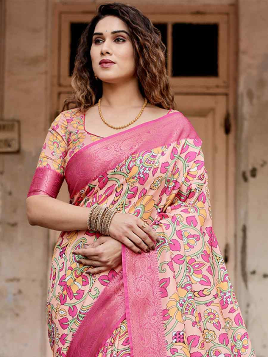 Baby Pink Tussar Silk Zari Handwoven Printed Casual Reception Festival Wedding Fancy Heavy Border Saree