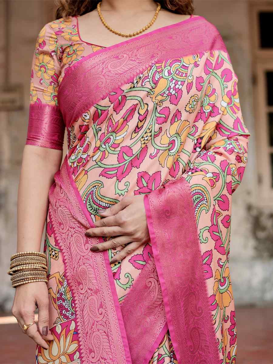 Baby Pink Tussar Silk Zari Handwoven Printed Casual Reception Festival Wedding Fancy Heavy Border Saree