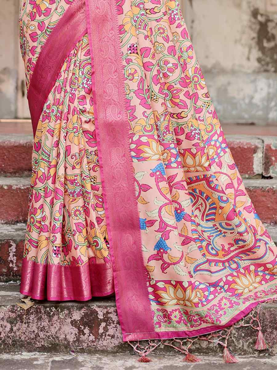 Baby Pink Tussar Silk Zari Handwoven Printed Casual Reception Festival Wedding Fancy Heavy Border Saree