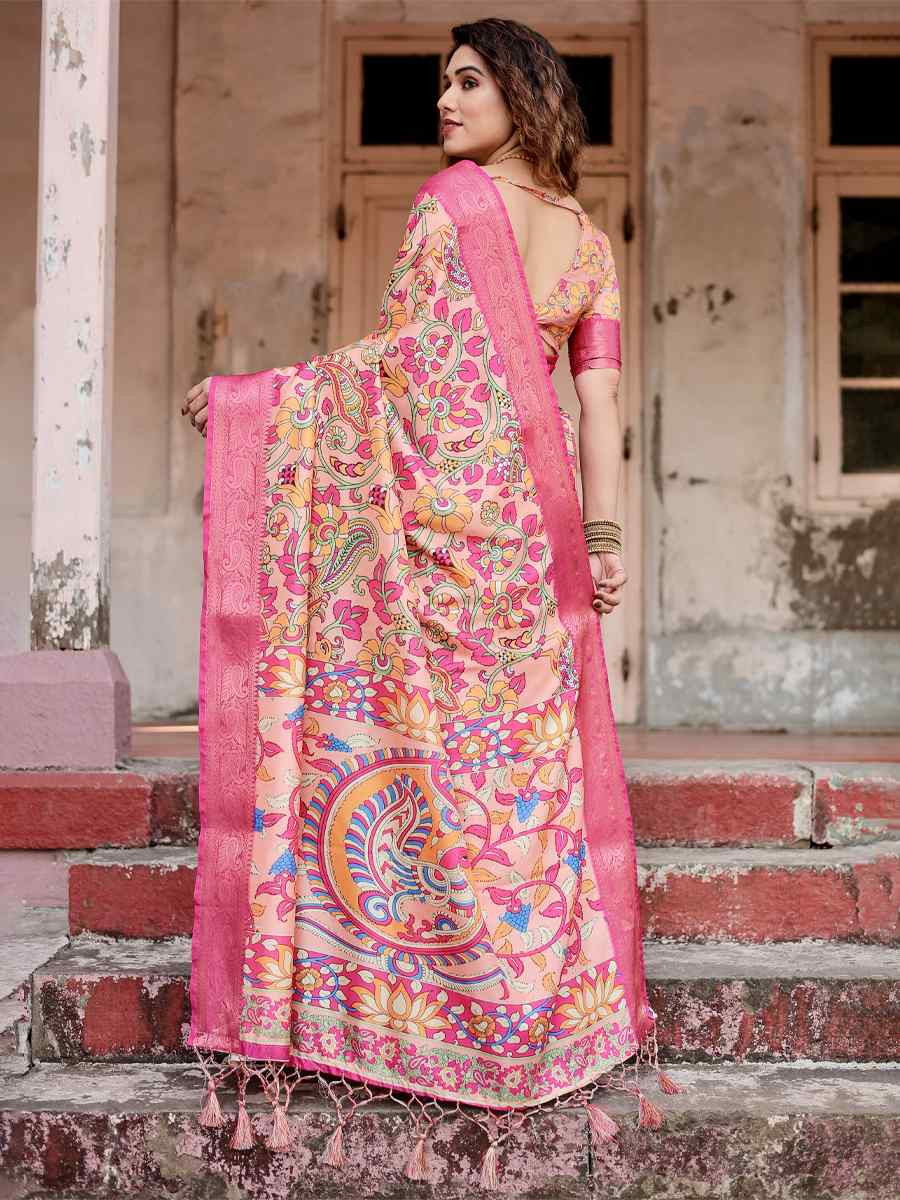 Baby Pink Tussar Silk Zari Handwoven Printed Casual Reception Festival Wedding Fancy Heavy Border Saree