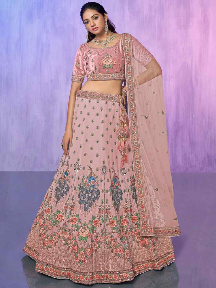Baby Pink Velvet Embroidered Bridal Reception Heavy Border Lehenga Choli