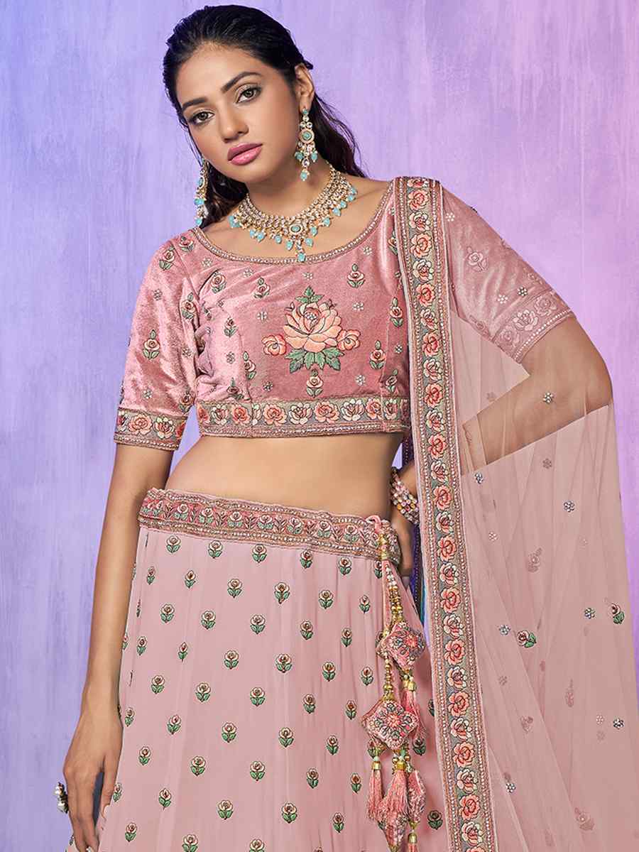Baby Pink Velvet Embroidered Bridal Reception Heavy Border Lehenga Choli