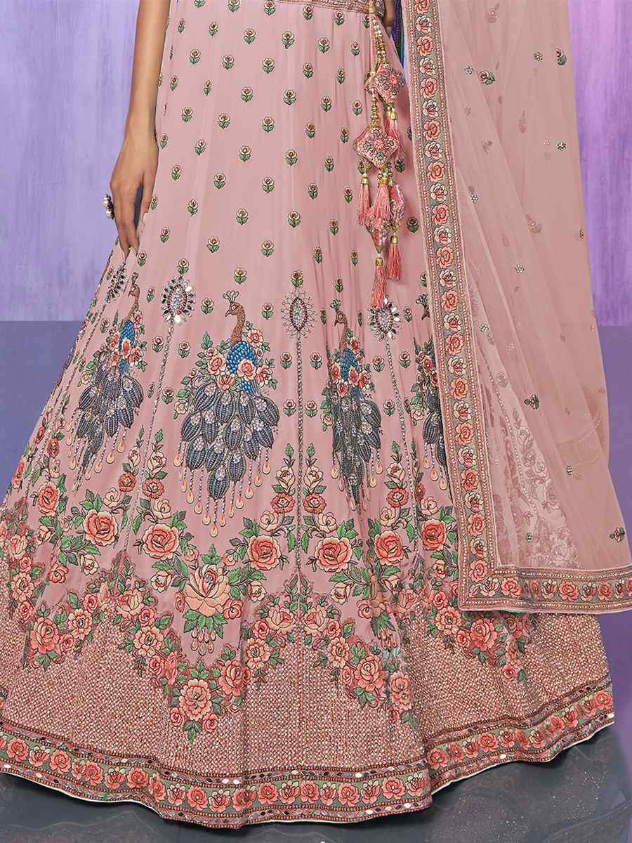 Baby Pink Velvet Embroidered Bridal Reception Heavy Border Lehenga Choli