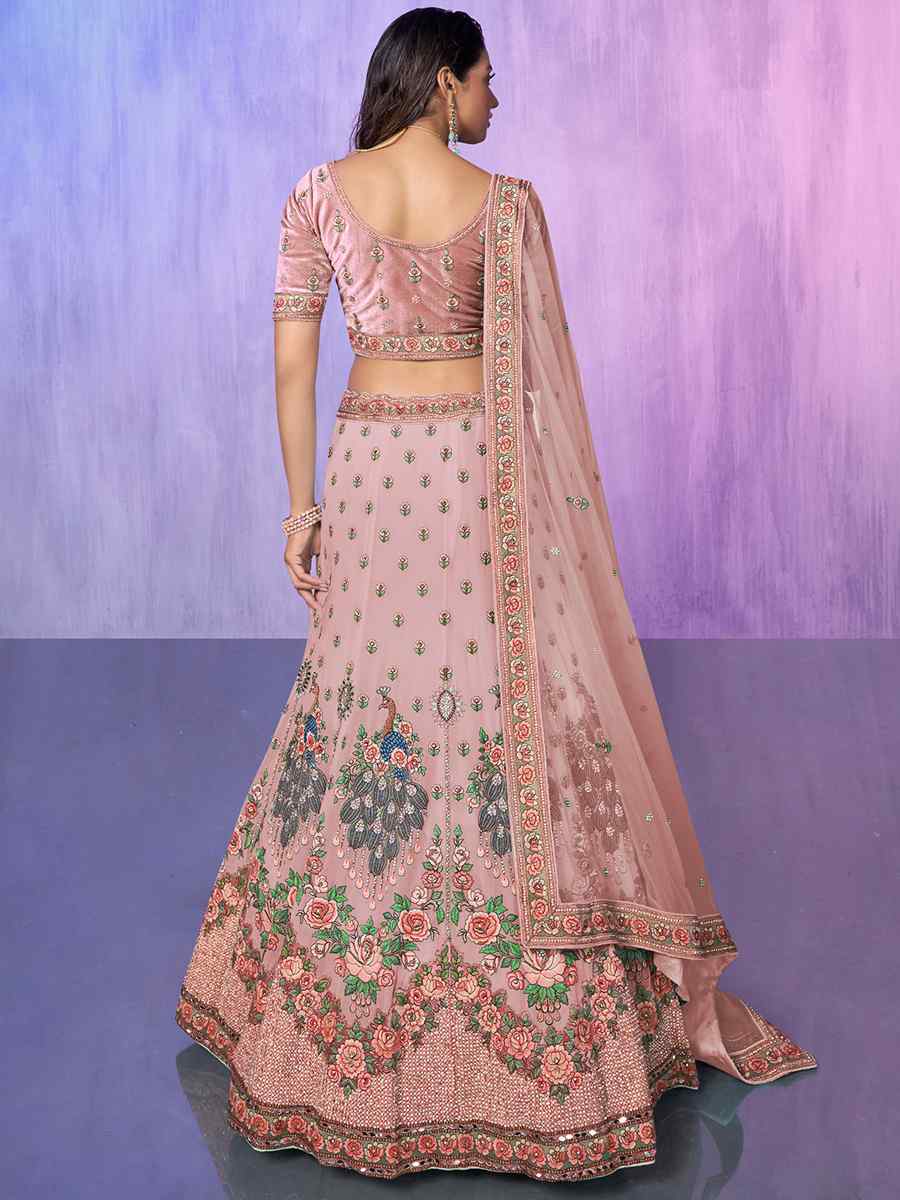 Baby Pink Velvet Embroidered Bridal Reception Heavy Border Lehenga Choli