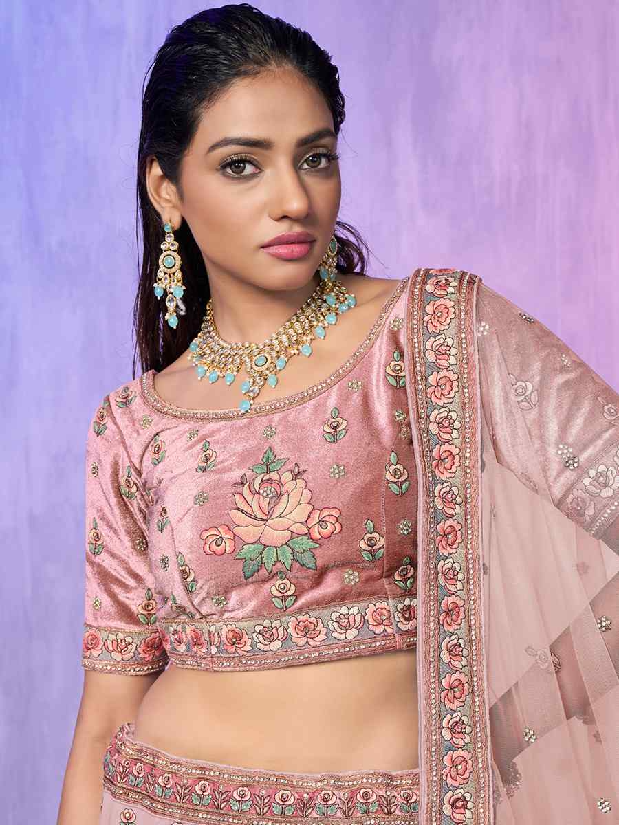 Baby Pink Velvet Embroidered Bridal Reception Heavy Border Lehenga Choli