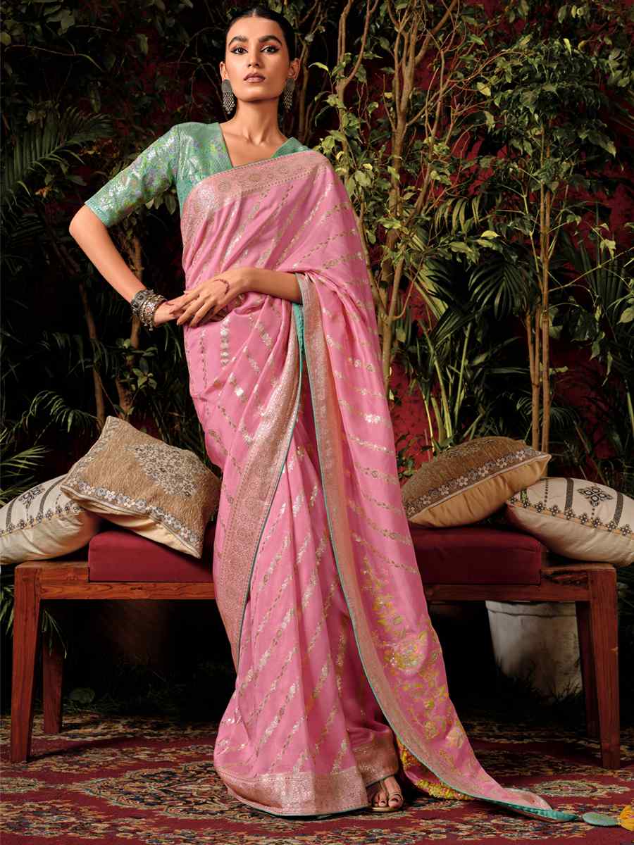 Baby Pink Viscose Dola Handwoven Wedding Festival Heavy Border Saree