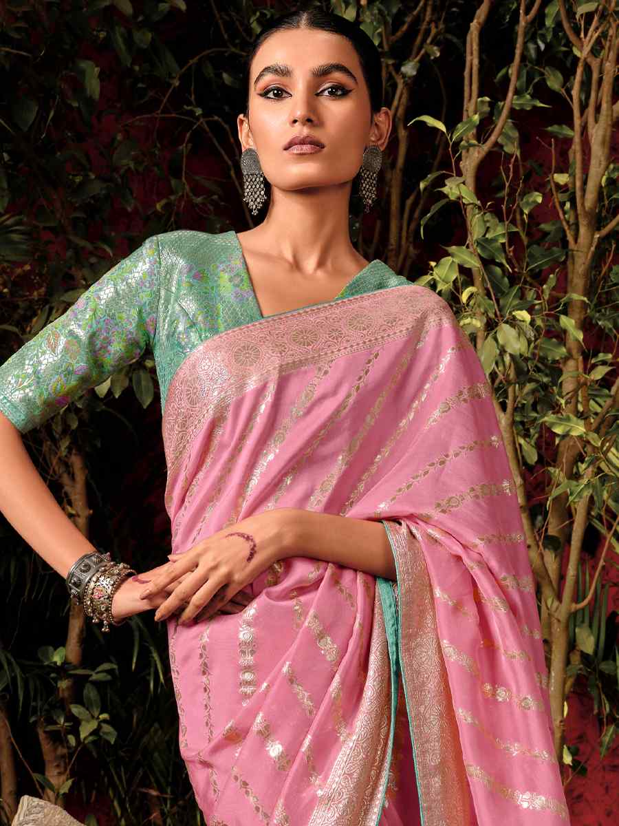 Baby Pink Viscose Dola Handwoven Wedding Festival Heavy Border Saree