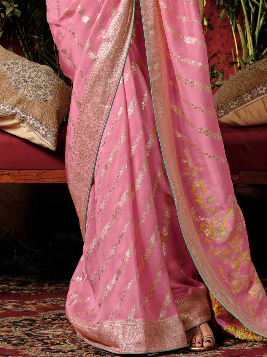 Baby Pink Viscose Dola Handwoven Wedding Festival Heavy Border Saree