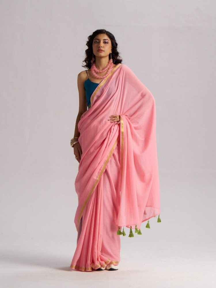Image of Baby Pink Viscose Plain Casual Party Festival Wedding Fancy Classic Style Sarees
