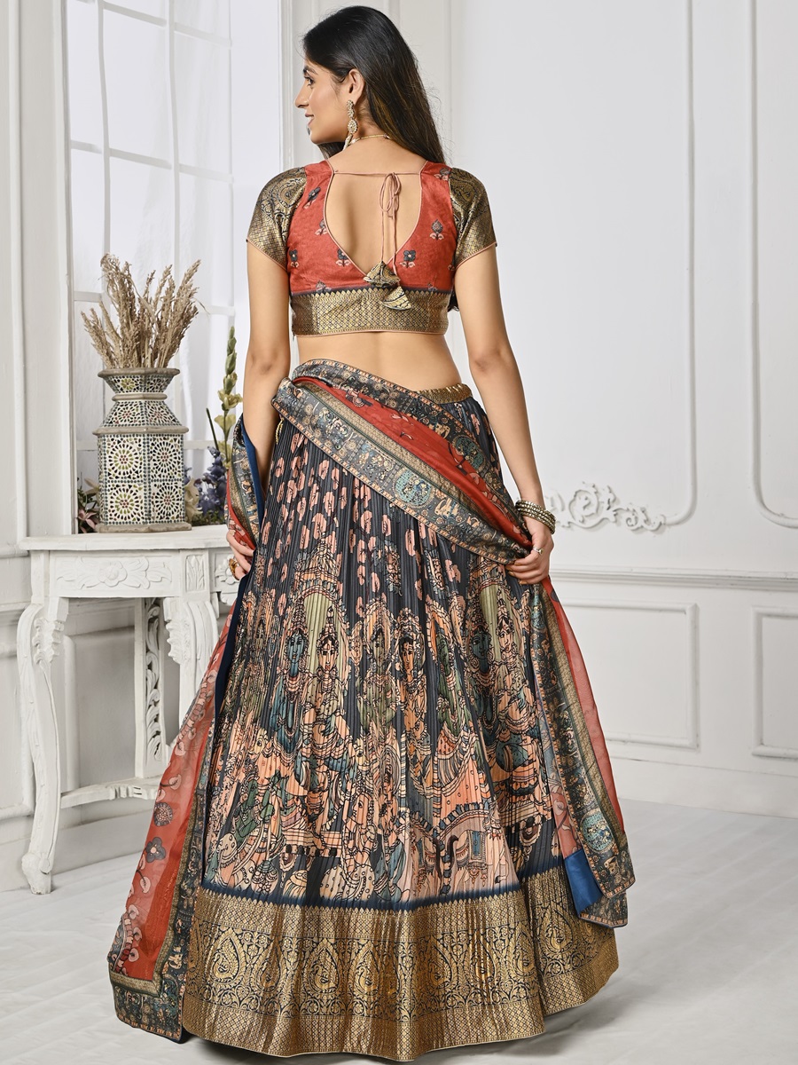 Multi Pure Silk Printed Mehendi Festival Circular Lehenga Choli