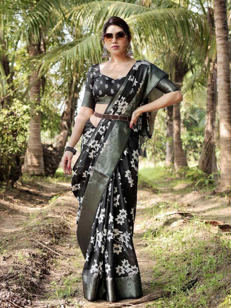 Image of Back Tussar Silk Zari Handwoven Printed Casual Reception Festival Wedding Fancy Heavy Border Saree