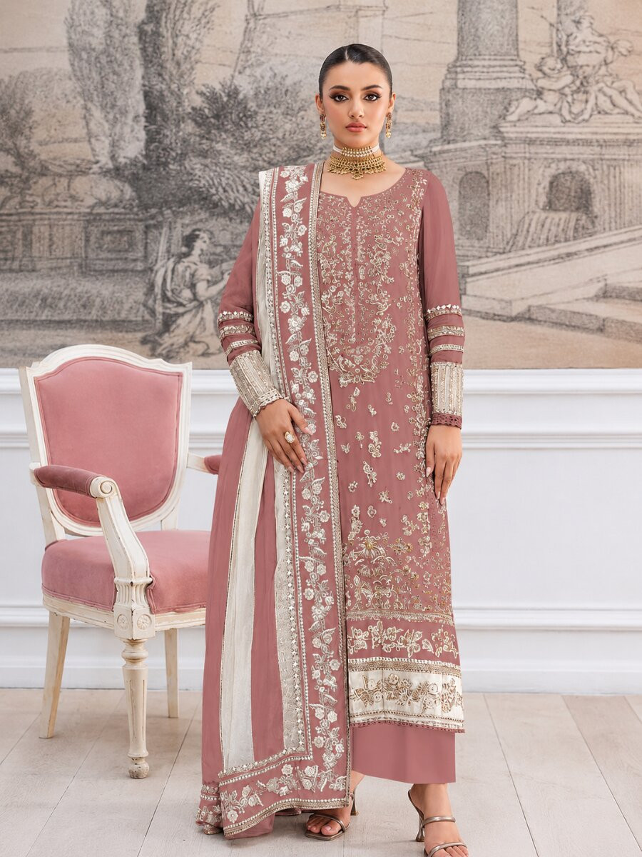 Badami Crunchy Embroidery Zari Sequins Khatli Work Wedding Party Festival Casual Palazzo Pant Salwar Kameez