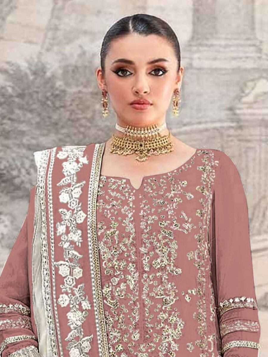 Badami Crunchy Embroidery Zari Sequins Khatli Work Wedding Party Festival Casual Palazzo Pant Salwar Kameez