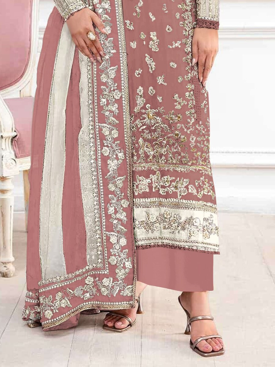 Badami Crunchy Embroidery Zari Sequins Khatli Work Wedding Party Festival Casual Palazzo Pant Salwar Kameez