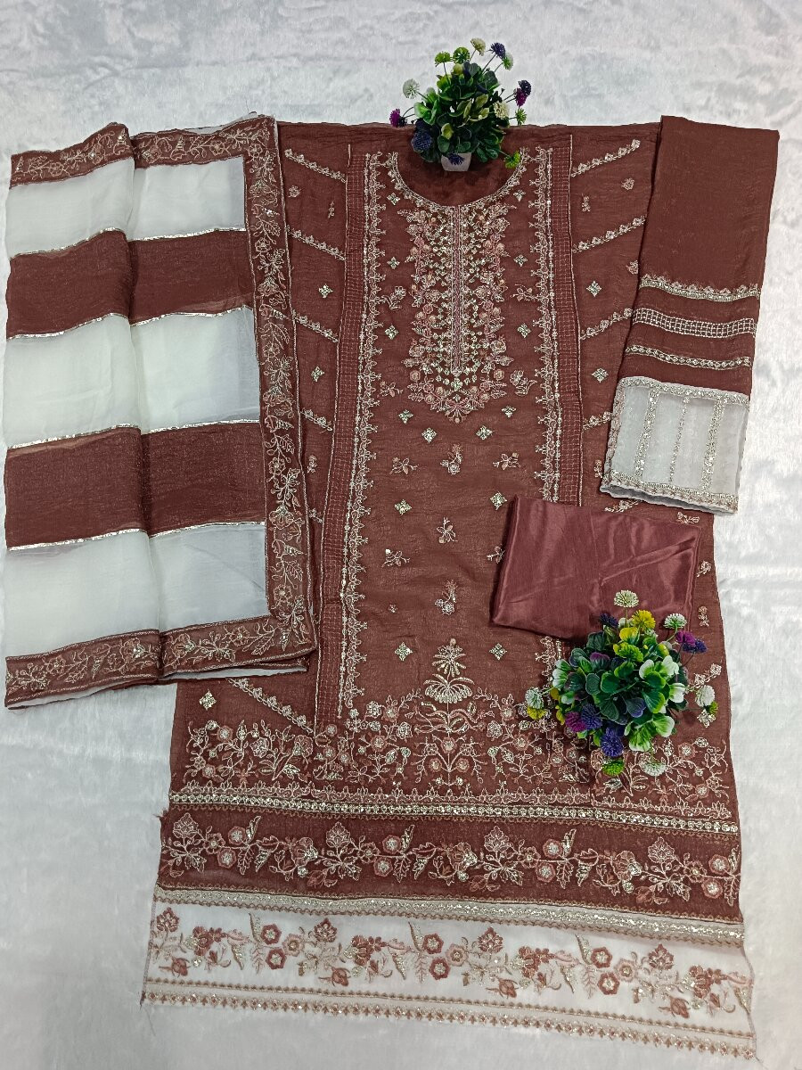 Badami Crunchy Embroidery Zari Sequins Khatli Work Wedding Party Festival Casual Palazzo Pant Salwar Kameez