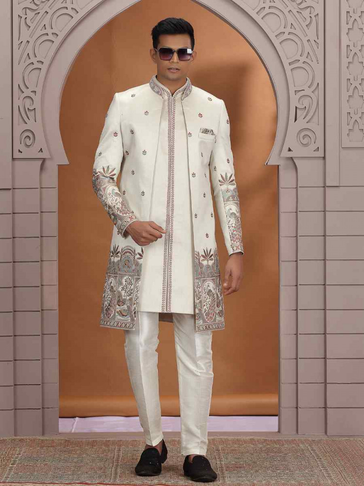 Image of Baige Art Silk Embroidered Festival Wedding Mens 3 PCS Indo Western Set