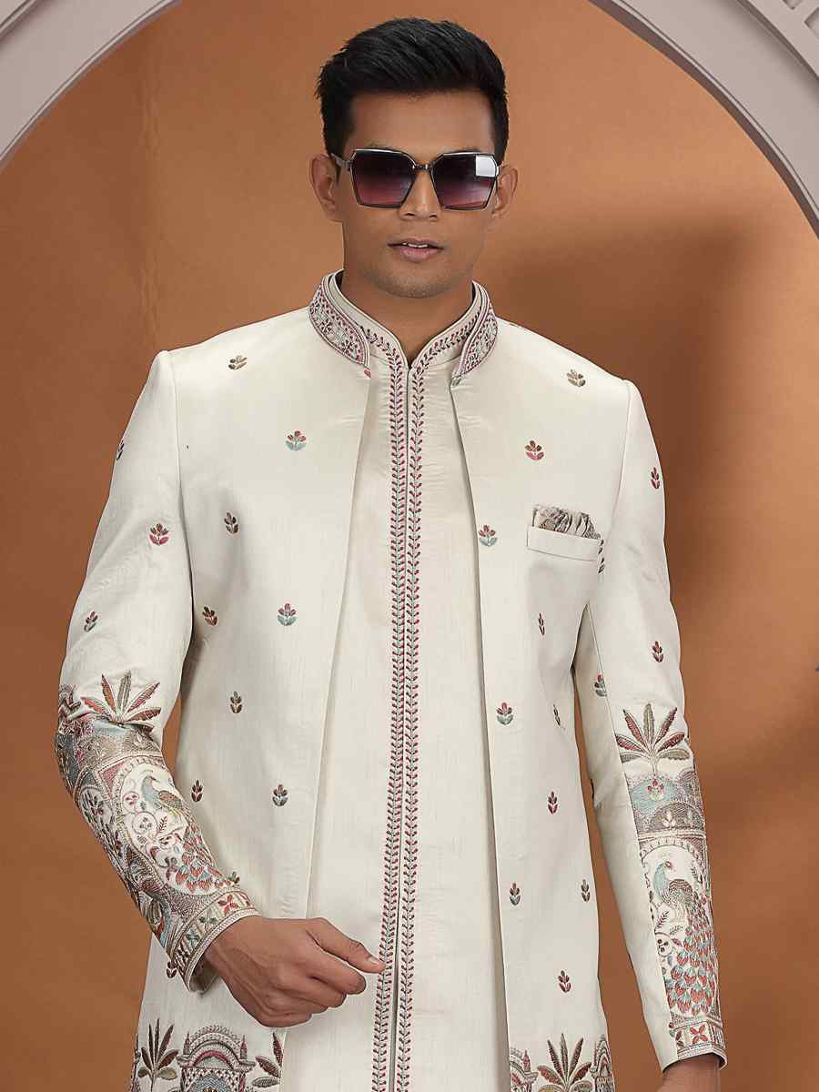 Baige Art Silk Embroidered Festival Wedding Mens 3 PCS Indo Western Set