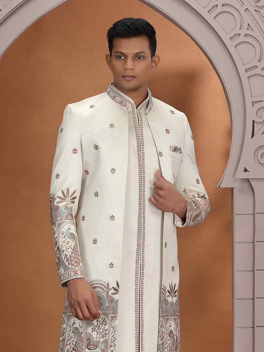 Baige Art Silk Embroidered Festival Wedding Mens 3 PCS Indo Western Set