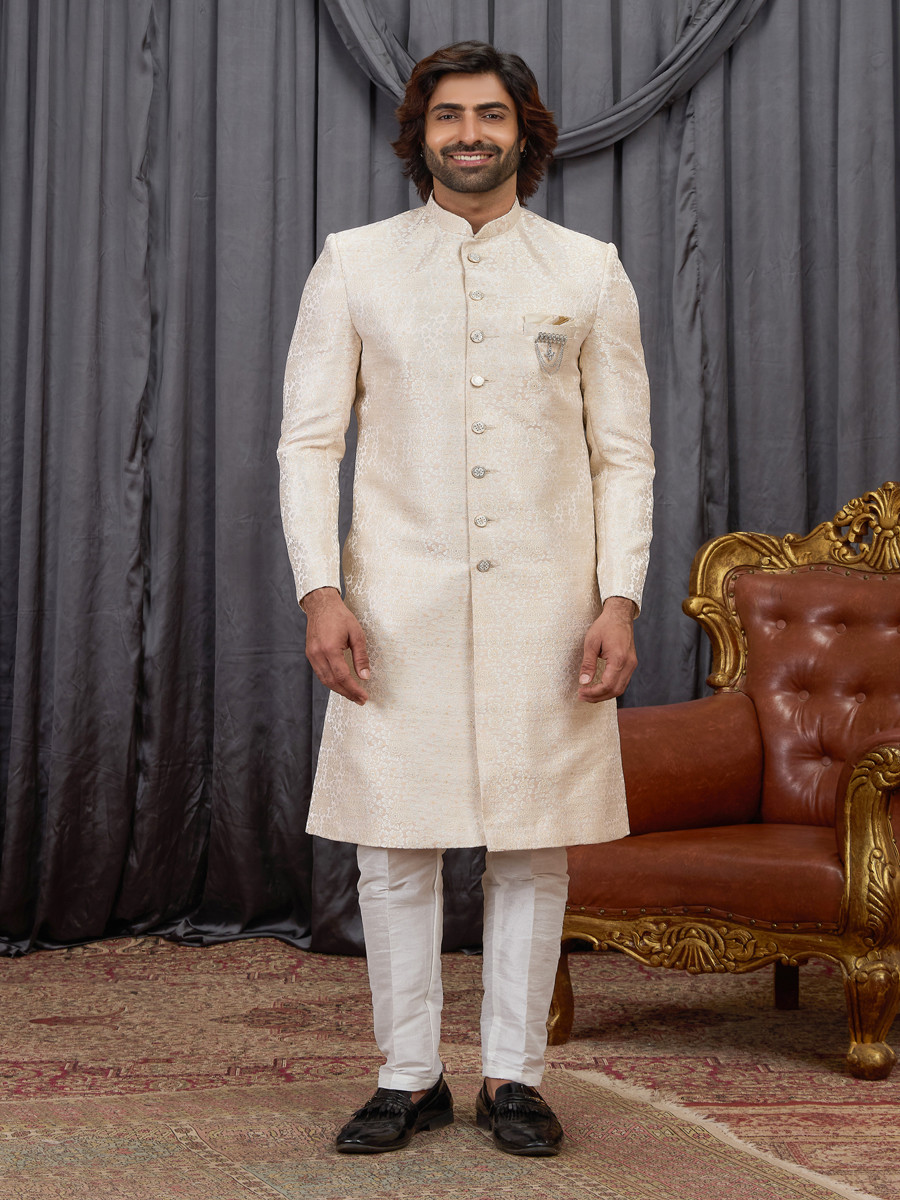 Baige Jaquard fabric Embroidery Wedding Party Festival Groom Sherwani