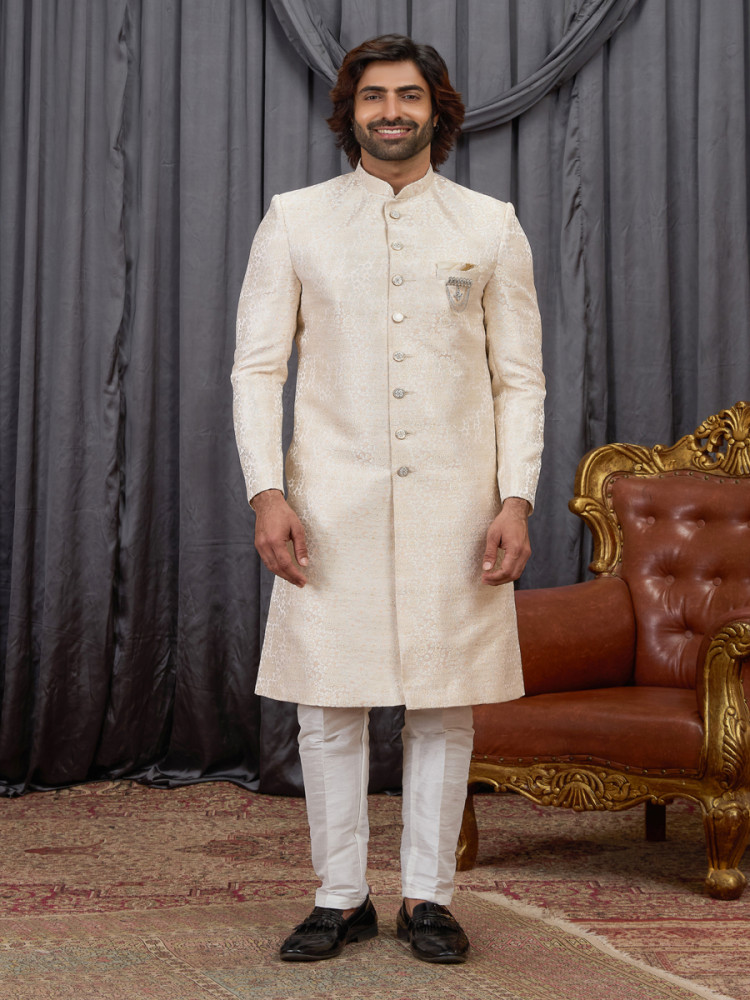 Image of Baige Jaquard fabric Embroidery Wedding Party Festival Groom Sherwani