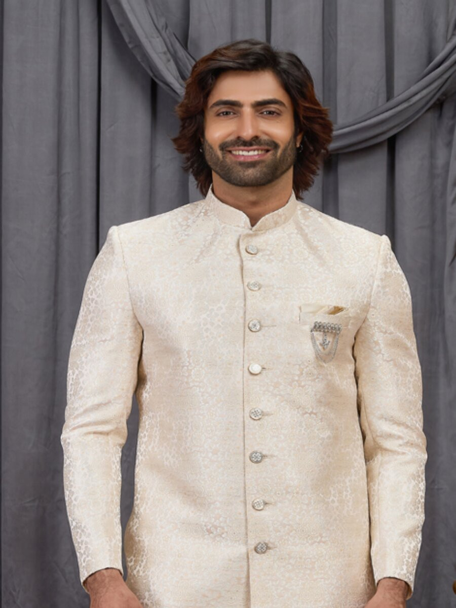 Baige Jaquard fabric Embroidery Wedding Party Festival Groom Sherwani