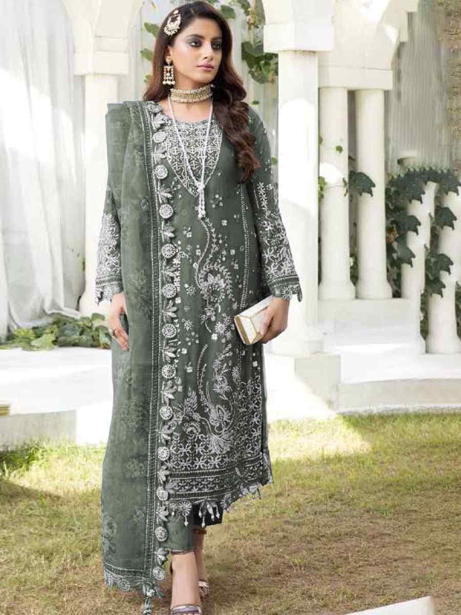 Bark Grey Faux Georgette Embroidered Festival Wedding Pant Salwar Kameez