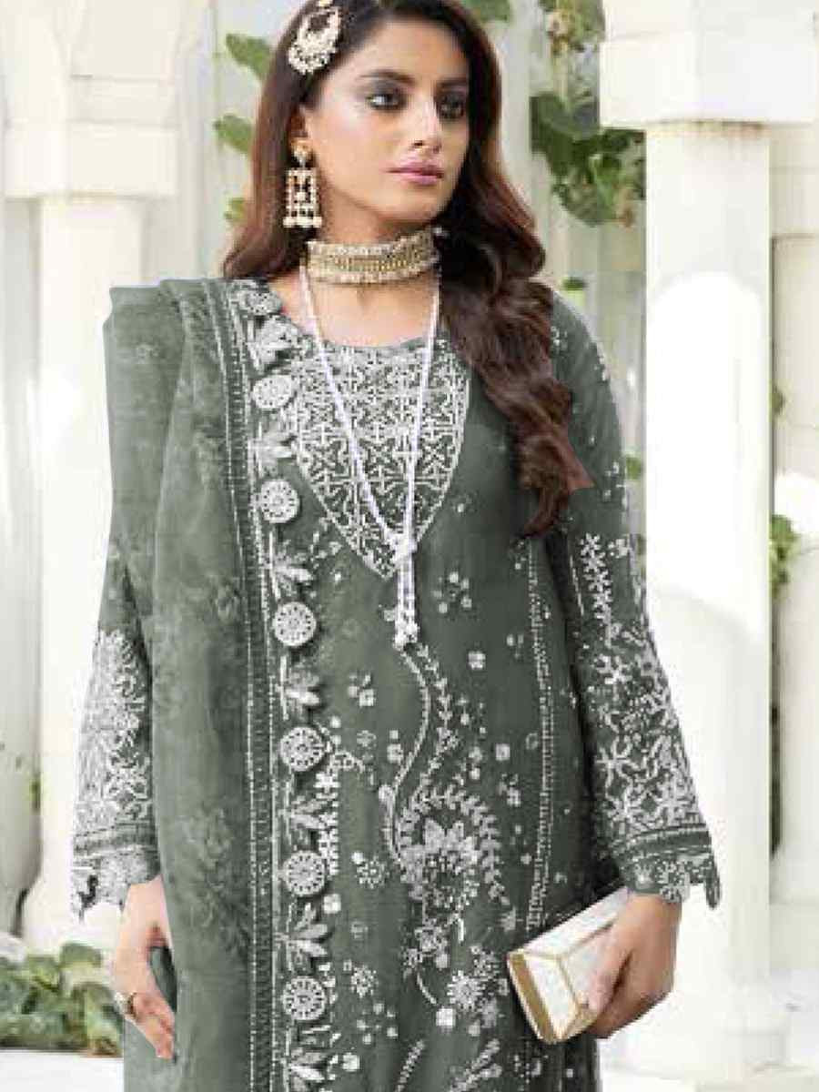 Bark Grey Faux Georgette Embroidered Festival Wedding Pant Salwar Kameez