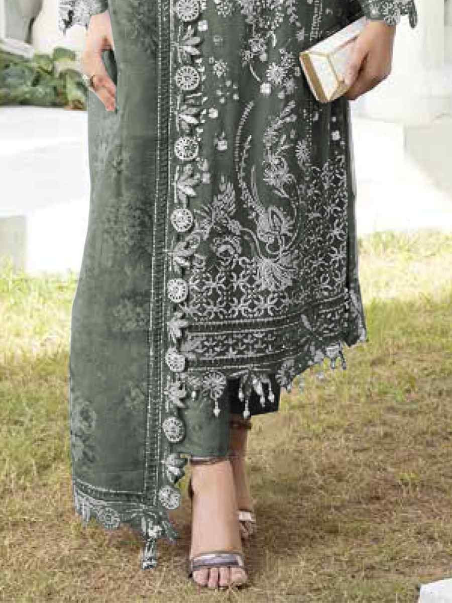 Bark Grey Faux Georgette Embroidered Festival Wedding Pant Salwar Kameez