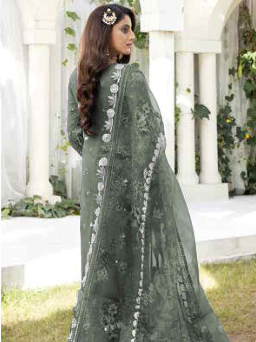Bark Grey Faux Georgette Embroidered Festival Wedding Pant Salwar Kameez
