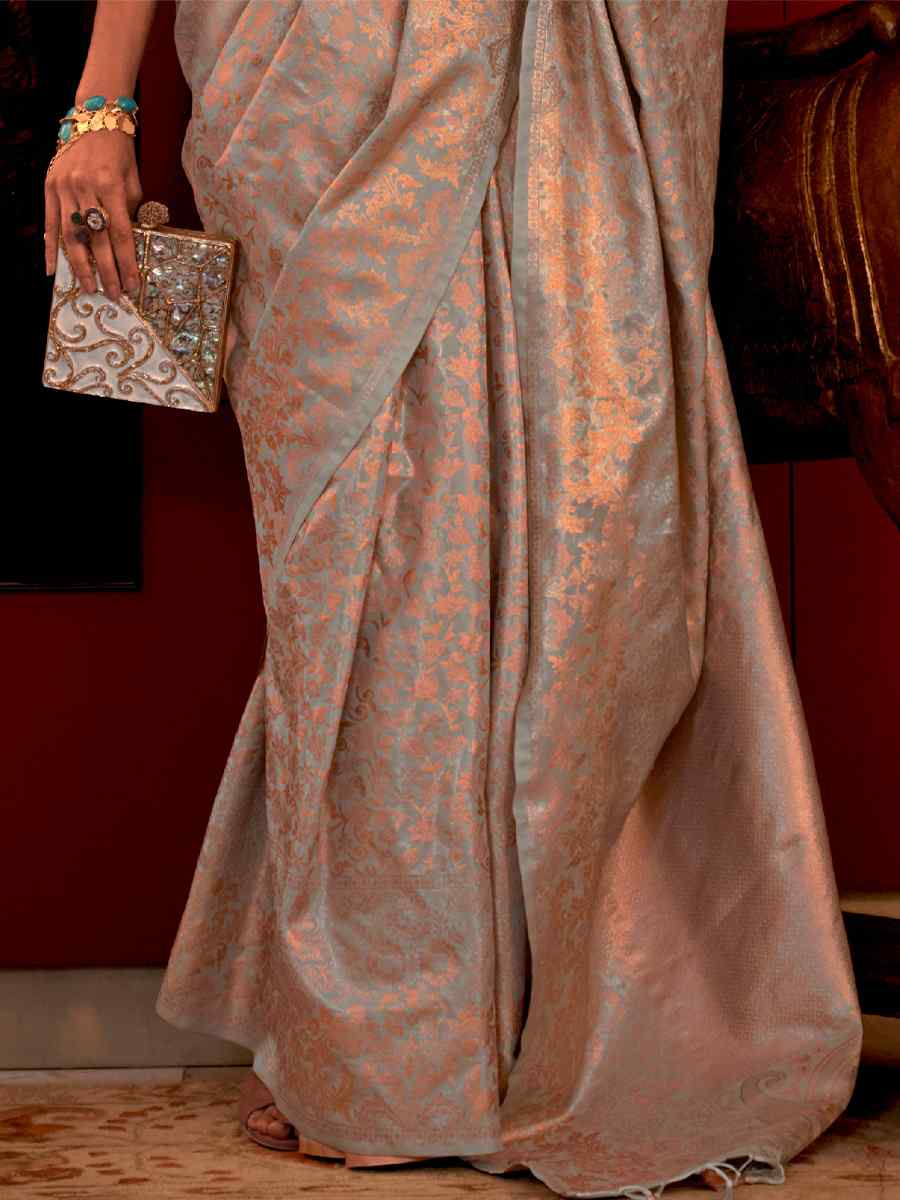 Beaver Grey Handloom Silk Handwoven Wedding Festival Heavy Border Saree