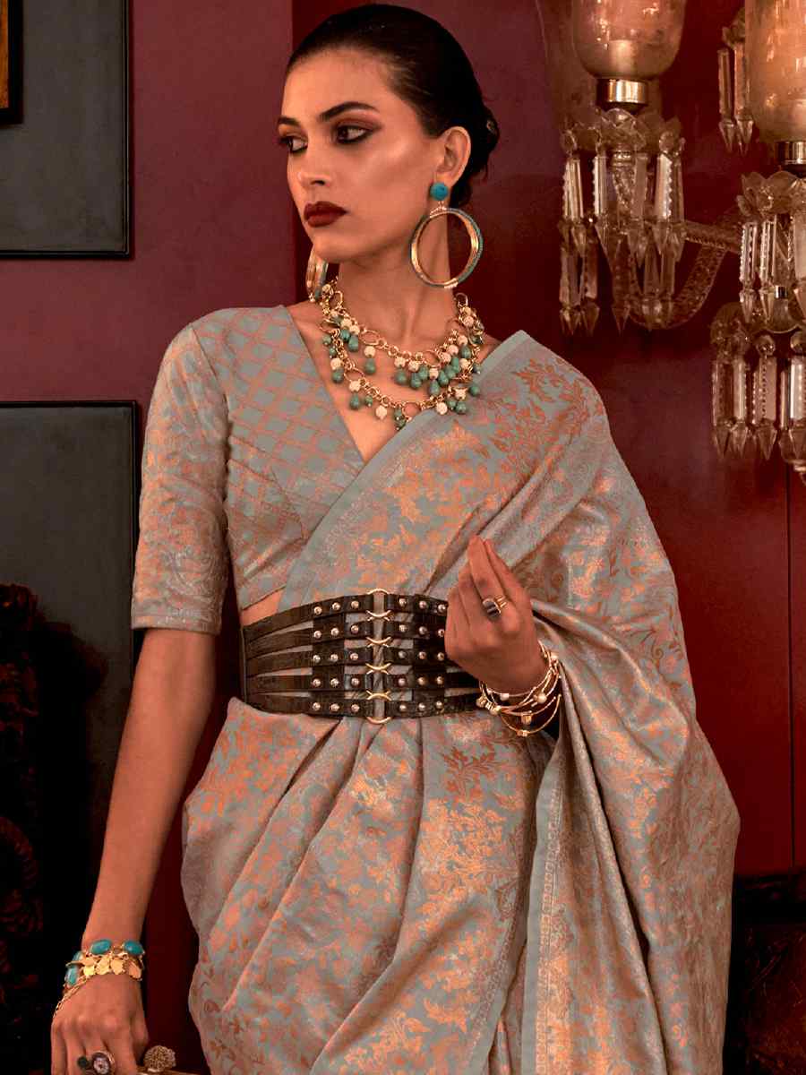 Beaver Grey Handloom Silk Handwoven Wedding Festival Heavy Border Saree