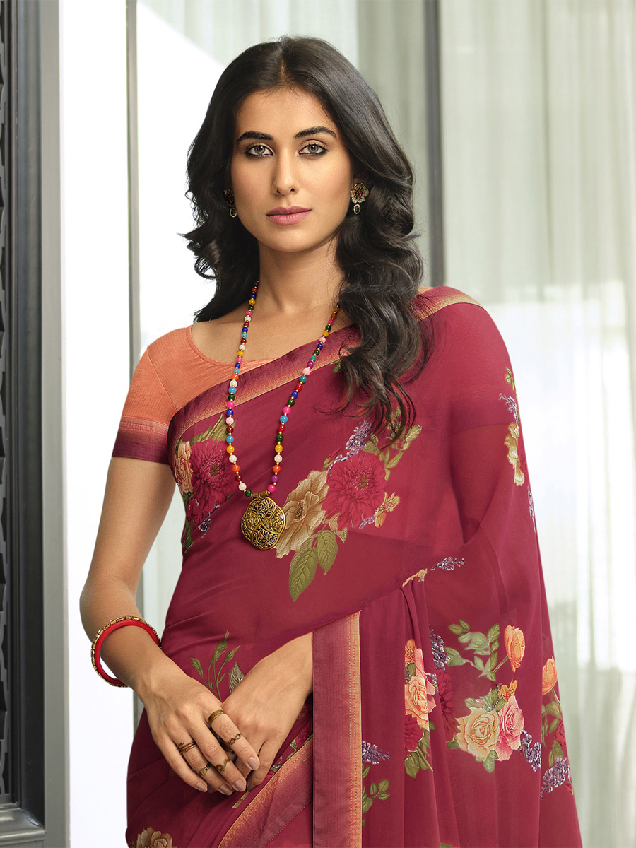 Beet Georgette Printed Casual Festival Contemporary Saree