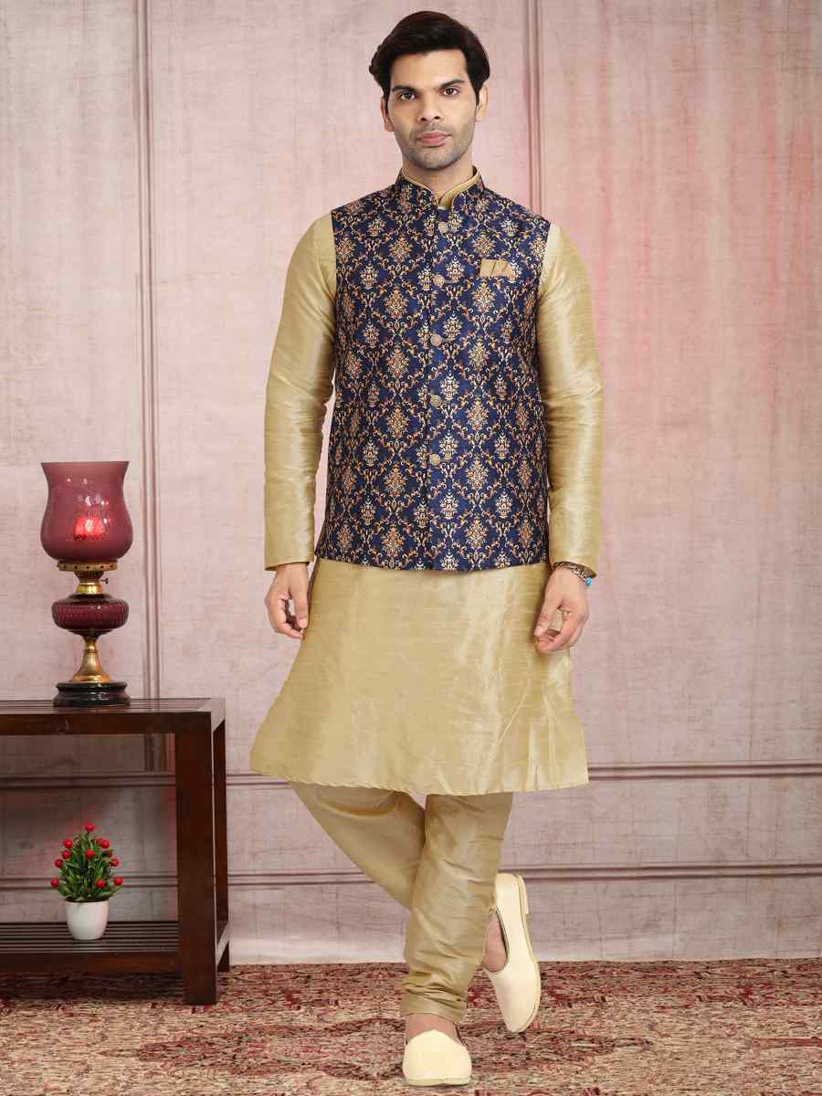 Beige Art Banarasi Silk Printed Festival Wedding Sherwani