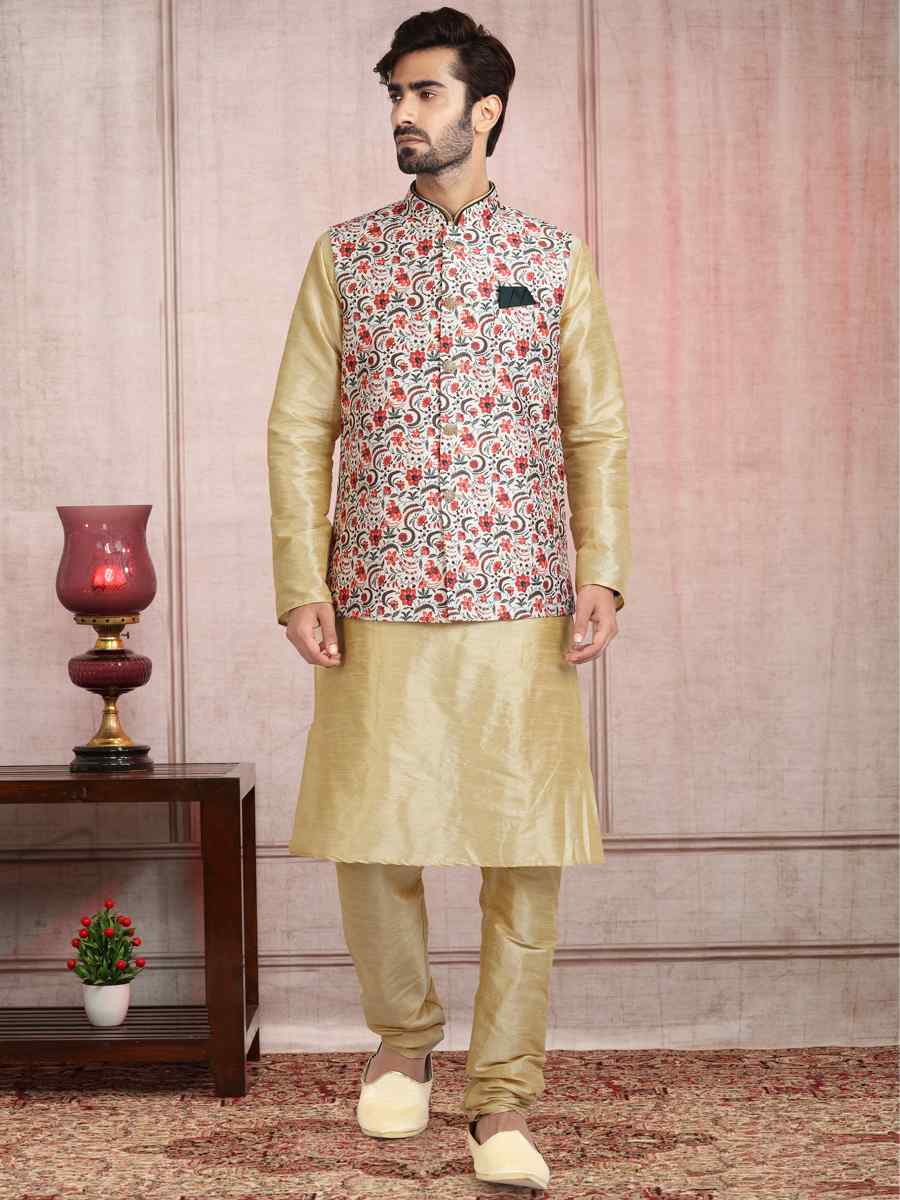 Beige Art Banarasi Silk Printed Festival Wedding Sherwani