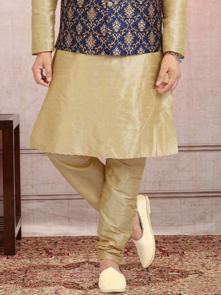 Beige Art Banarasi Silk Printed Festival Wedding Sherwani