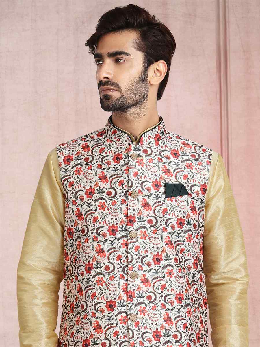 Beige Art Banarasi Silk Printed Festival Wedding Sherwani