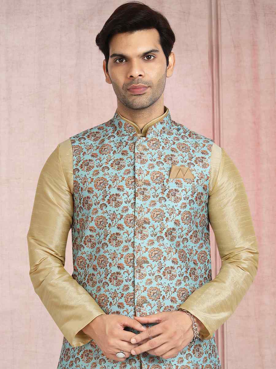 Beige Art Banarasi Silk Printed Festival Wedding Sherwani