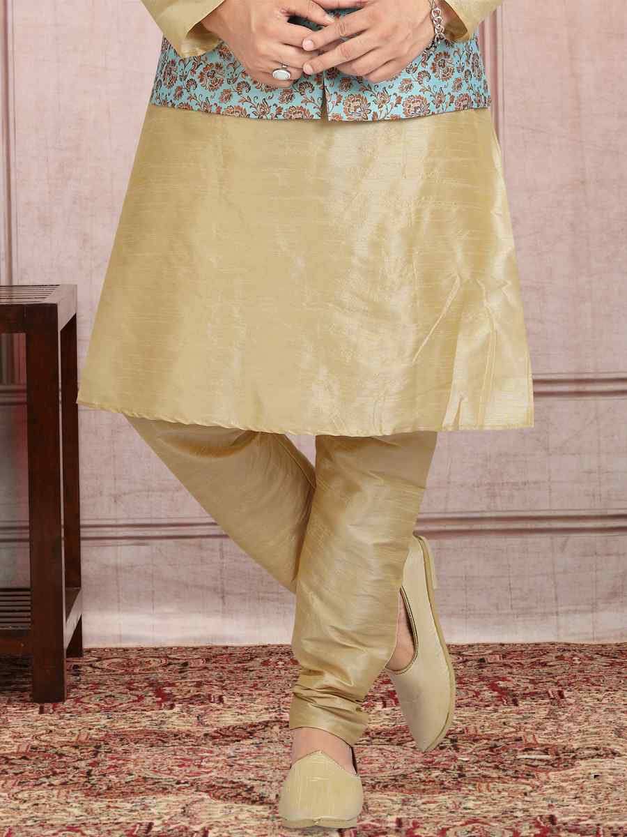 Beige Art Banarasi Silk Printed Festival Wedding Sherwani